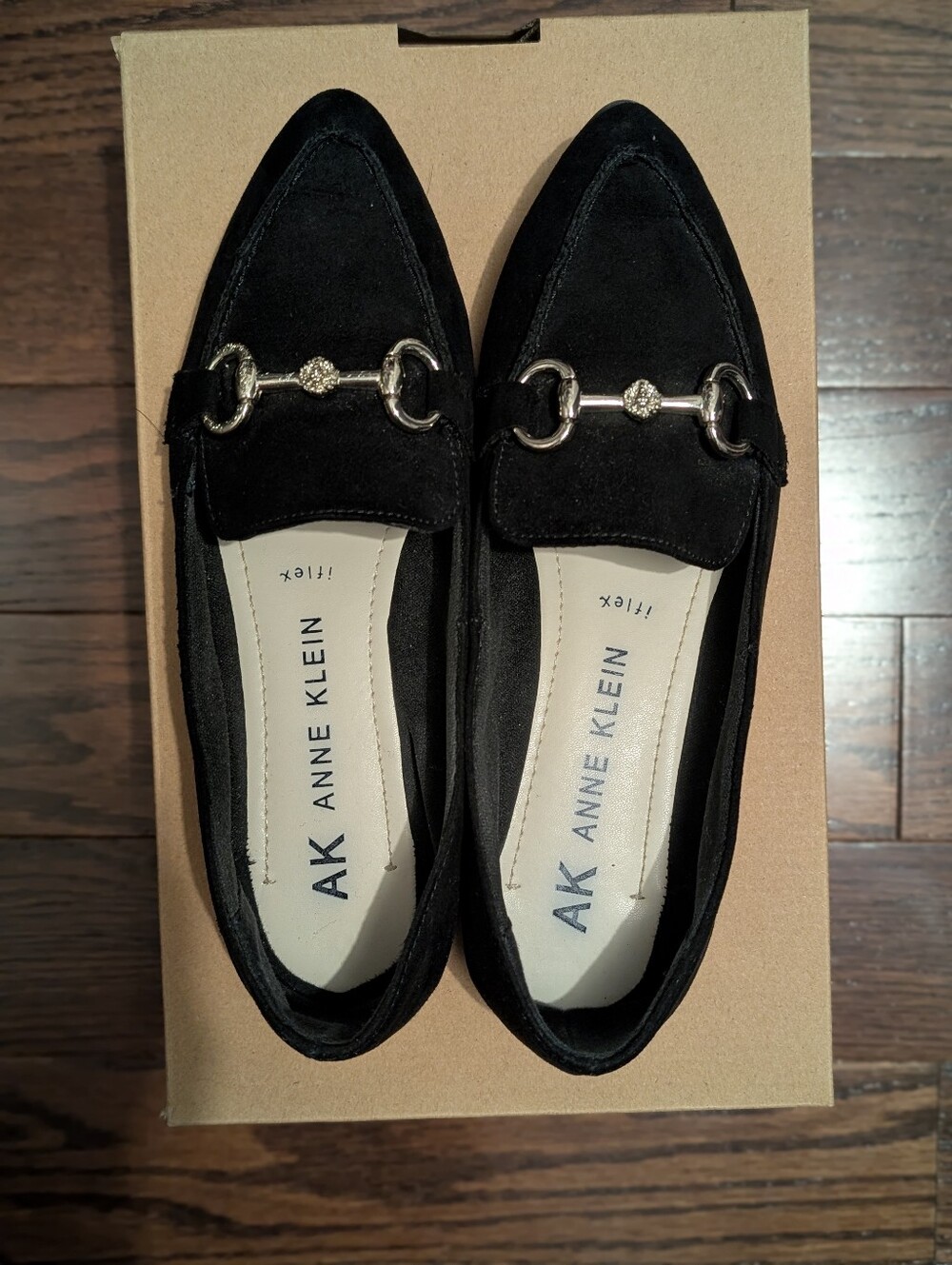 Anne Klein Black Suede Pointed Toe Loafers with Gold Hardware